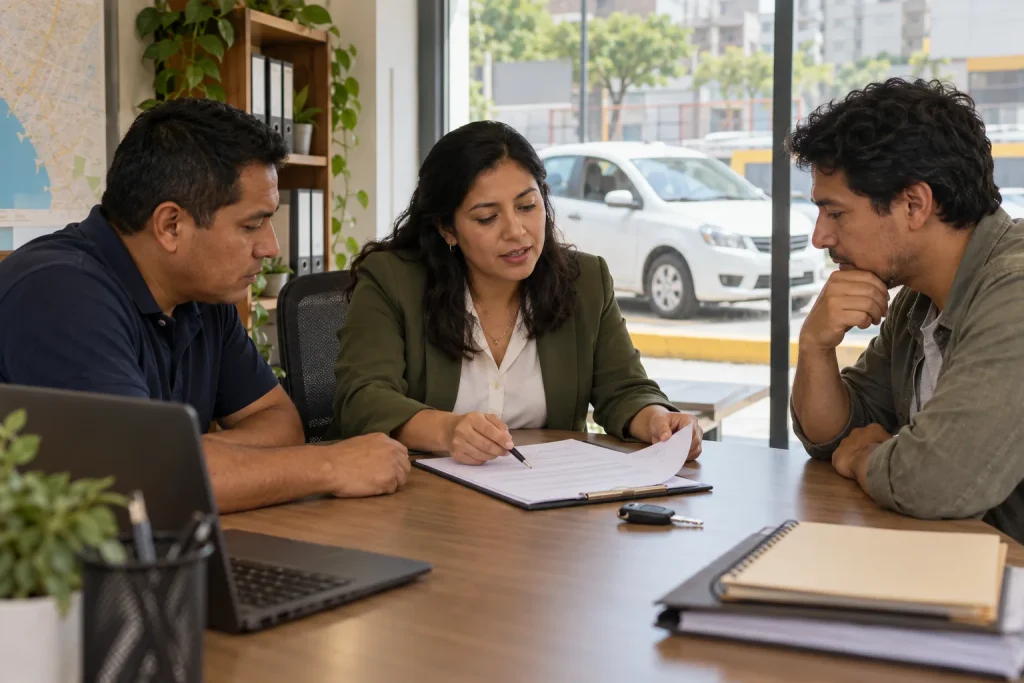 Gerente y conductores revisan un acuerdo laboral en una oficina de transporte.